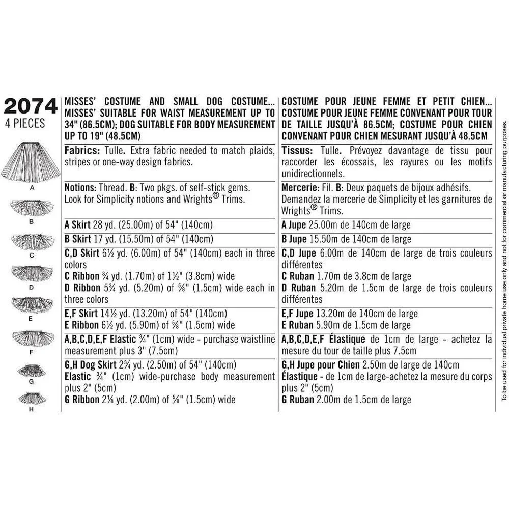 Simplicity Sewing Pattern 2074‎ Misses Dog Skirt Costume Waist 34